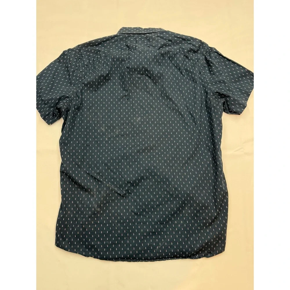 BANANA REPUBLIC Mens Medium Slim Navy Pink Polka Dot Short Sleeve Button Up Z15